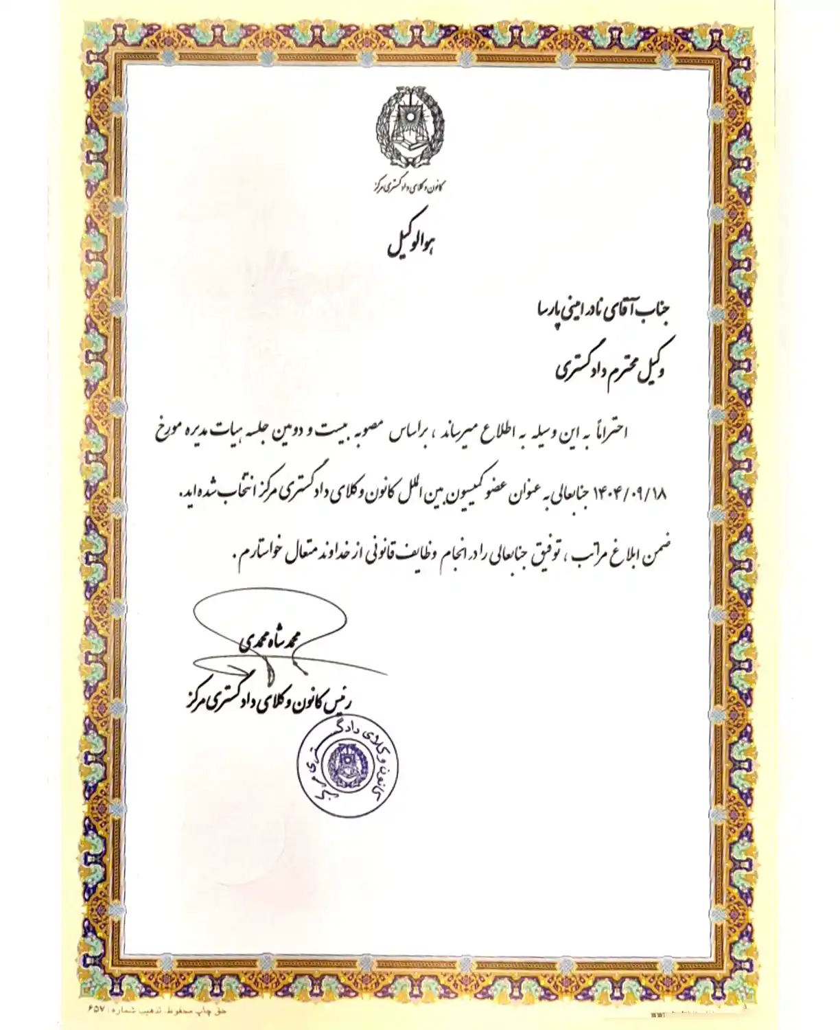 نادر امینی پارسا -کمیسیون بین الملل کانون